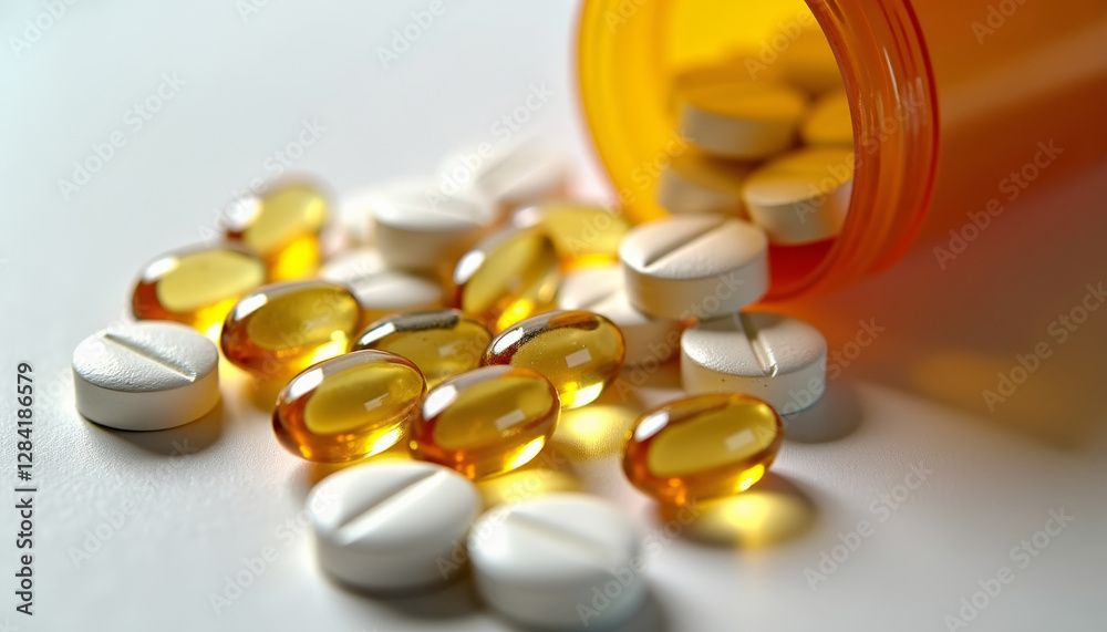 Scattered calcium supplements for bones including soft gels pills from an orange bottle Scattered calcium supplements for bones including soft gels pills from an orange bottle