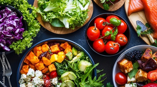 Colorful assortment of fresh vegetables and salmon served in beautiful bowls representing healthy diet : Generative AI photo