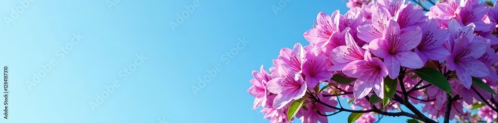 Rhododendron tree with lilac blooms against a blue sky, colorful, foliage, blossoms Rhododendron tree with lilac blooms against a blue sky, colorful, foliage, blossoms