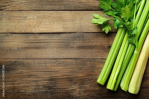 Fresh celery stalks and parsley on a rustic wooden table, offering space for text or showcasing healthy eating and cooking ingredients.