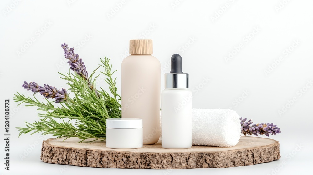 Lavender, rosemary, skincare products on wood. Spa, wellness Lavender, rosemary, skincare products on wood. Spa, wellness