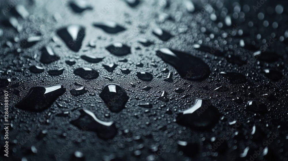 Water droplets on dark surface, close-up, textured background Water droplets on dark surface, close-up, textured background