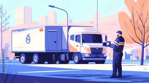 Pixel Art White Delivery Truck with Driver in Dark Blue Uniform on City Street