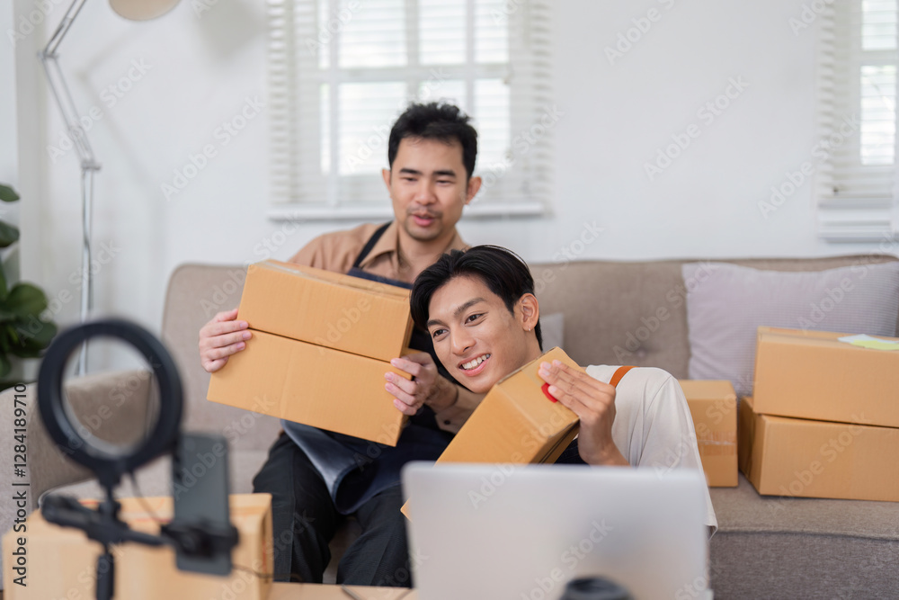 Diverse online sellers preparing packages for shipment at home, collaborating on e-commerce business. Diverse online sellers preparing packages for shipment at home, collaborating on e-commerce business.