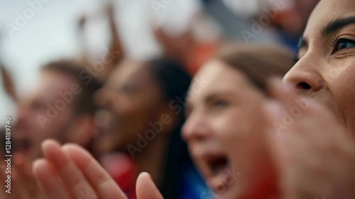 Excited female fan cheering and clapping at a live sports event
