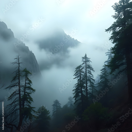 Serene Foggy Nature Landscape with Misty Mountains and Dense Forest