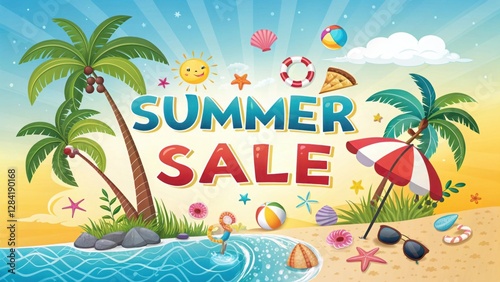 Bright and Colorful Summer Sale Design with Palm Trees, Beach Elements, Sunny Sky, and Tropical Vibes for Promotional Use