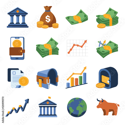 vector colorful economy trading graph cash money linked with curved dash line over the world bank 

