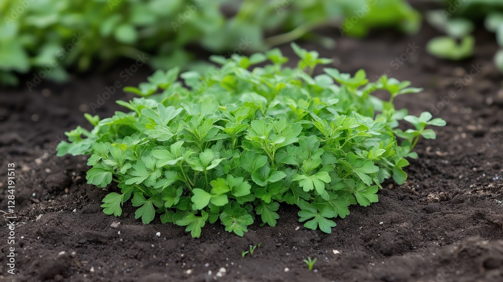 Close-up of lush green parsley growing in rich soil Close-up of lush green parsley growing in rich soil