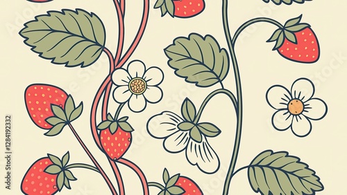 Vintage Floral Seamless Pattern with Strawberries – Retro Hand-Drawn Nature Background