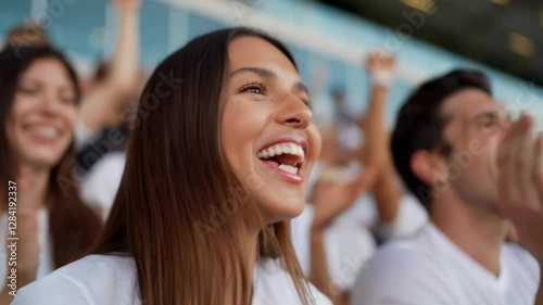 Excited female fan cheering in the stadium with a group of supporters
