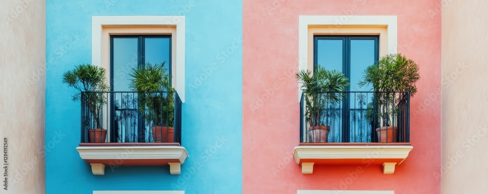 Obraz premium Colorful building facade with twin balconies and potted plants on blue and pink walls