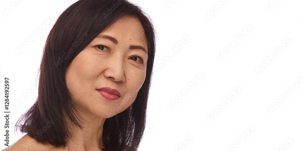 Portrait of beautiful Korean woman in her 60s with healthy, well-kept, smooth skin looking at camera isolated on white background. Concept of skin care, anti-aging treatment, cosmetology. Copy space Portrait of beautiful Korean woman in her 60s with healthy, well-kept, smooth skin looking at camera isolated on white background. Concept of skin care, anti-aging treatment, cosmetology. Copy space