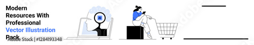 Wallpaper Mural Human profile analyzing screen data, person shopping online via smartphone, minimalist blue-black elements. Ideal for technology, online learning, marketing, e-commerce, innovation, business growth Torontodigital.ca