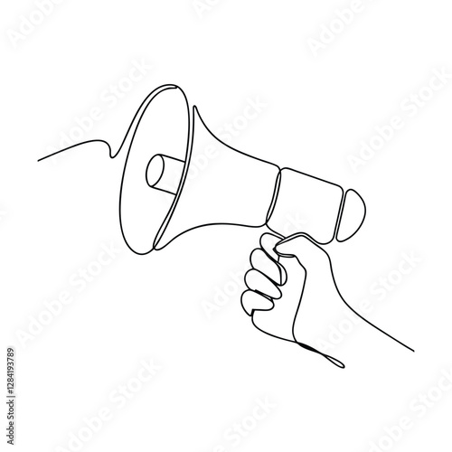 Single Line Drawing of Hand Holding a Megaphone Announcing