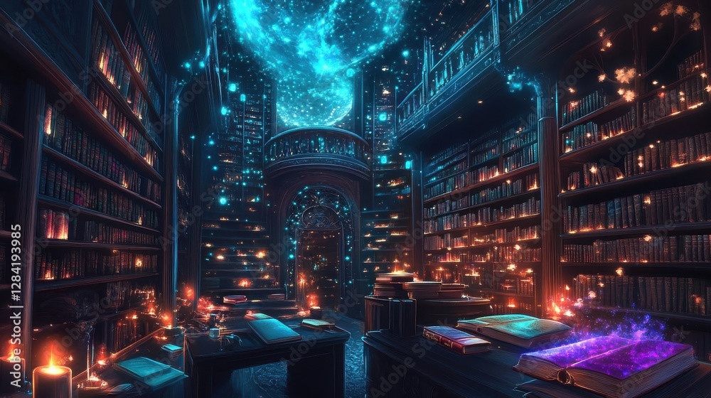 Obraz premium Enchanting Library Filled With Glowing Books and Magic