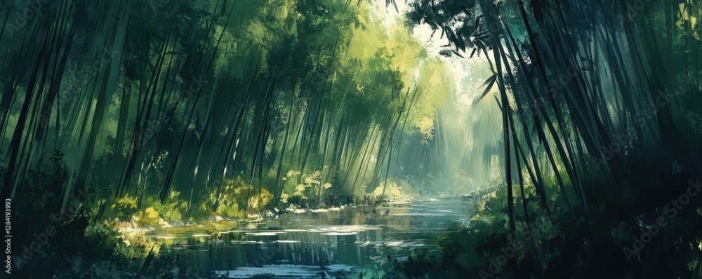 Fototapeta premium Tranquil bamboo forest with sunlight and calm river