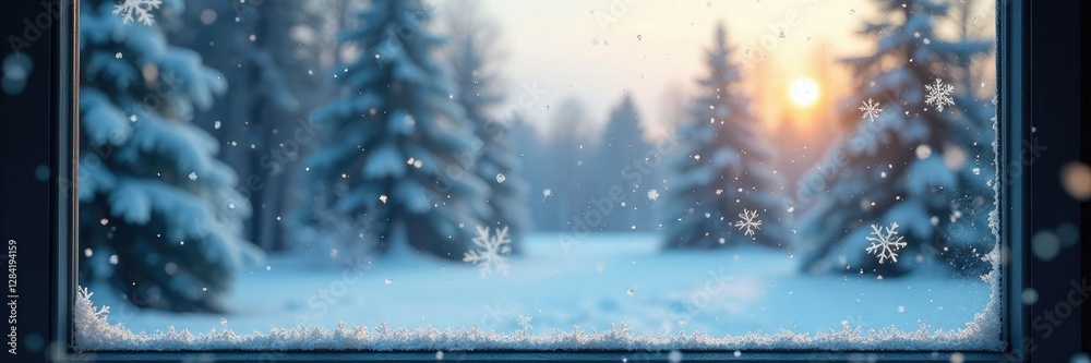 Naklejka premium Snapped shot of a window with snowflakes falling outside, frost, landscape, glass