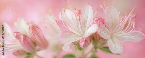 Close-up of pink and white azalea flowers in soft focus against a blurred pink background