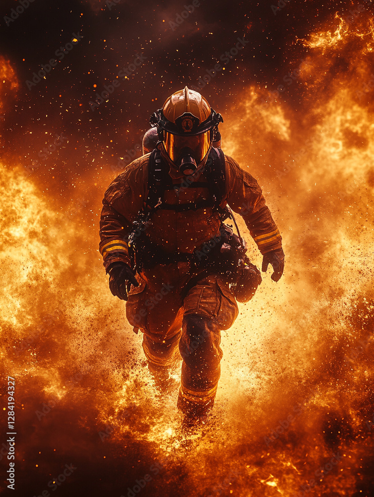 Fototapeta premium Firefighter running through flames during urgent rescue