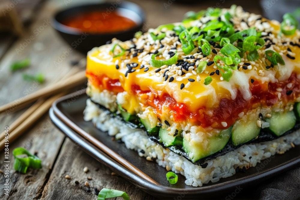 Layered Sushi Stack Topped with Sesame Seeds and Green Onions Presented on Dark Plate