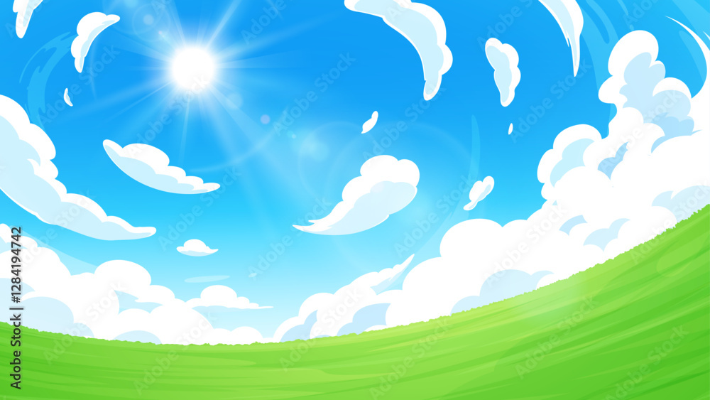 Fototapeta premium 見上げた空と草原に太陽の光が差す背景イラスト_16:9