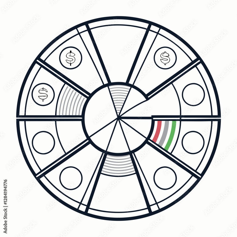 Pie Chart with Dollar Sign Segments – Black and White Vector Illustration Pie Chart with Dollar Sign Segments – Black and White Vector Illustration