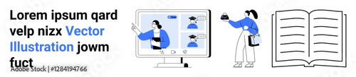 Educator teaching remotely via video call next to a digital student holding a book. Open textbook represents knowledge. Ideal for e-learning, online teaching, education webinars, online classes