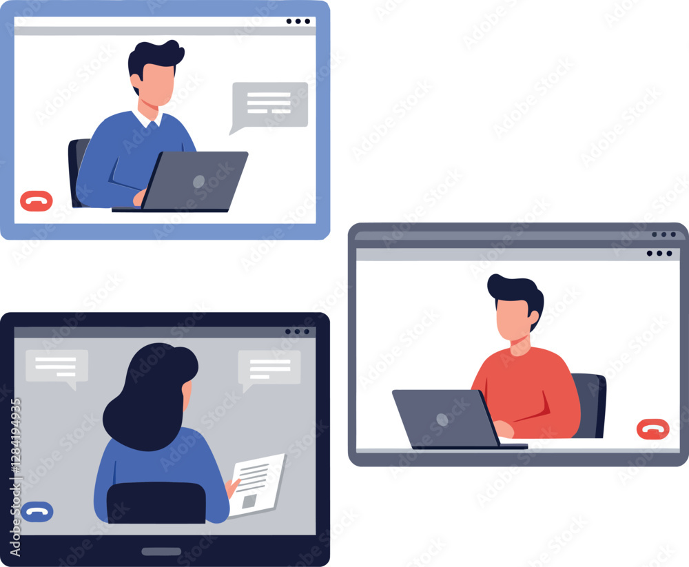 Three individuals engaged in virtual meetings on their laptops, showcasing a flat design style in vector art Three individuals engaged in virtual meetings on their laptops, showcasing a flat design style in vector art