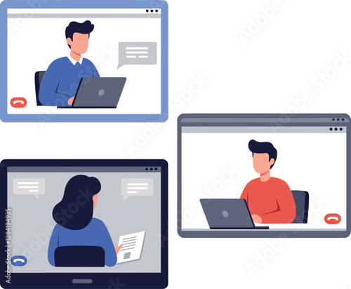 Three individuals engaged in virtual meetings on their laptops, showcasing a flat design style in vector art