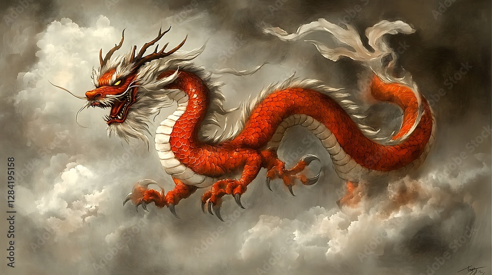 Obraz premium Fiery Red Dragon Soaring Through Misty Clouds: Digital Painting AI Generated