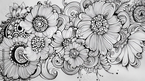 Intricate Floral Ink Drawing: A Black and White Masterpiece of Botanical Art