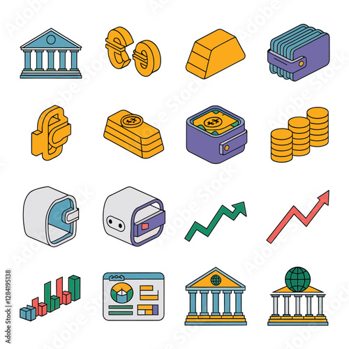 vector colorful economy trading graph cash money linked with curved dash line over the world bank 
