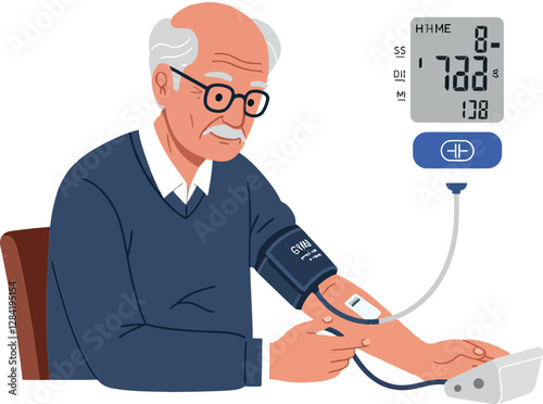 Elderly man measuring his blood pressure in a flat, minimal style vector illustration with a medical device and caring expression