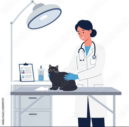A veterinarian in a white coat gently examines a black cat on a medical table in a bright, flat vector illustration