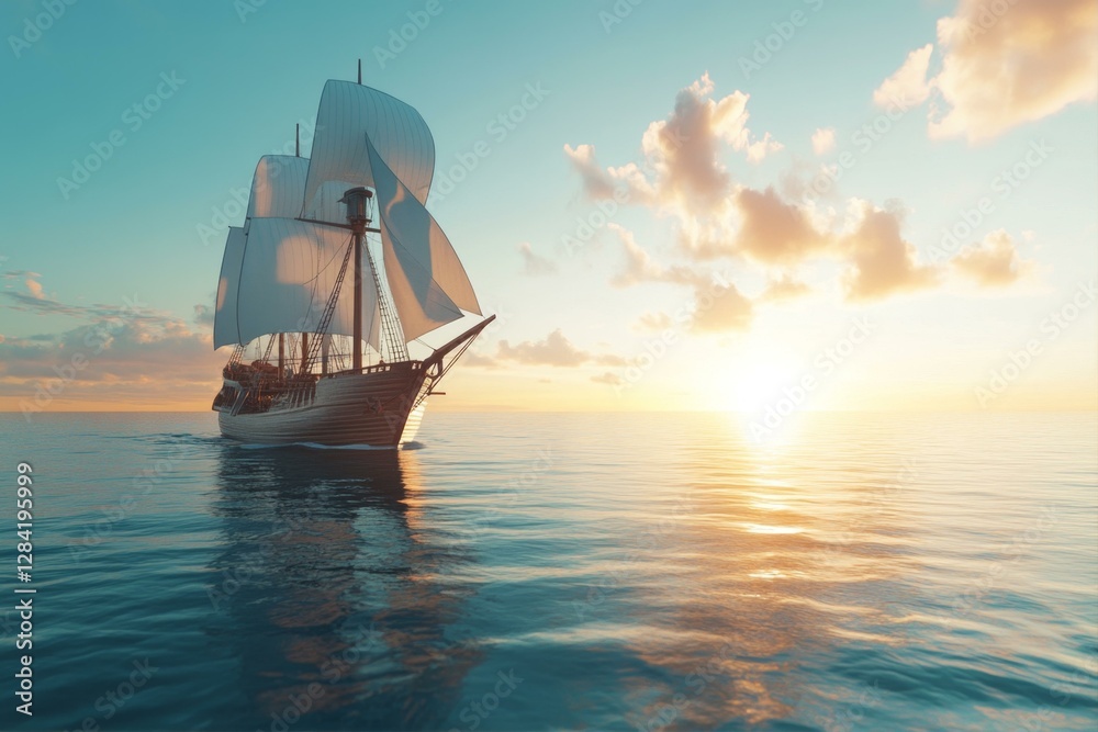 Old Sailing Ship Navigating Ocean at Sunset With Clouds and Golden Light Reflecting on Water Old Sailing Ship Navigating Ocean at Sunset With Clouds and Golden Light Reflecting on Water