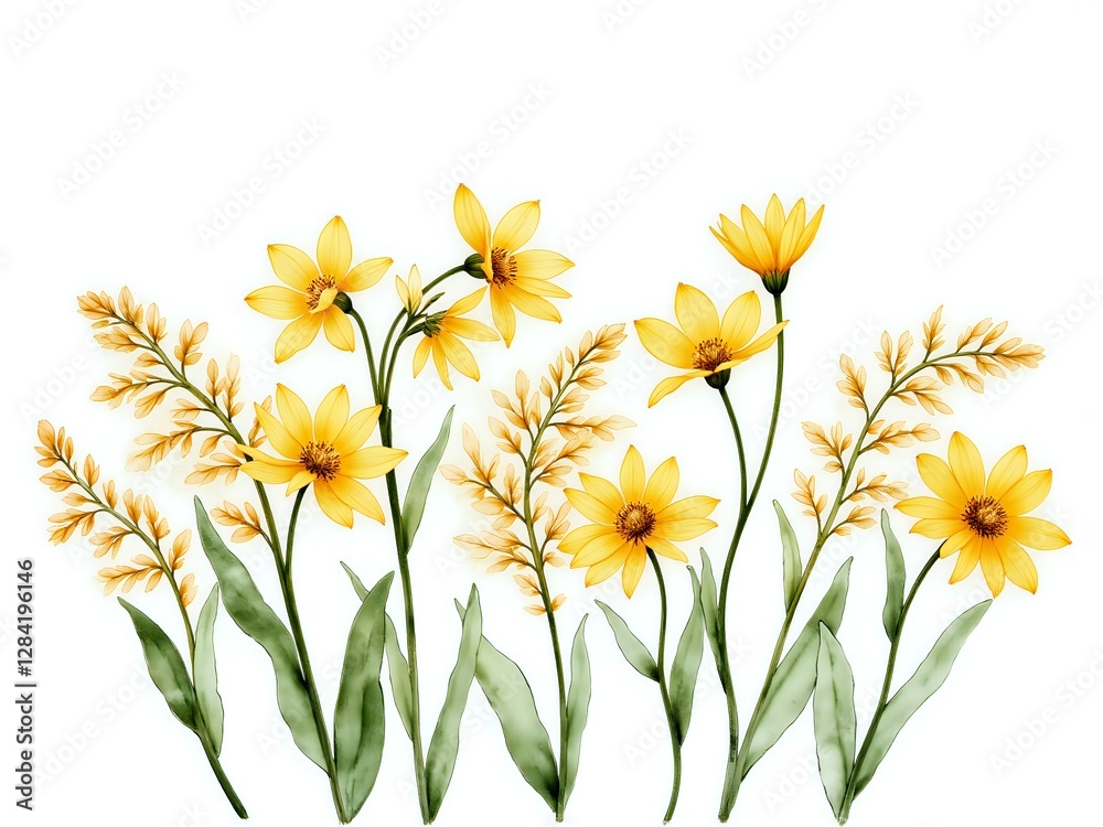 A bright arrangement of yellow flowers on a white background