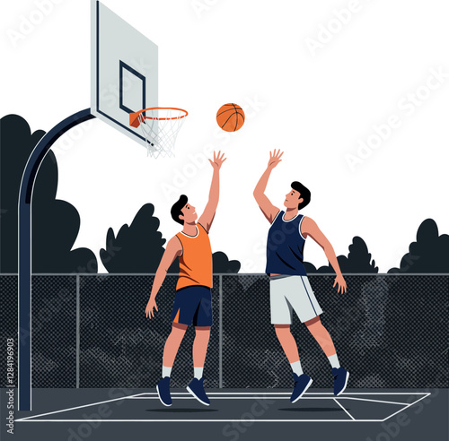 Two basketball players in dynamic action during a game, showcasing flat design style vector art