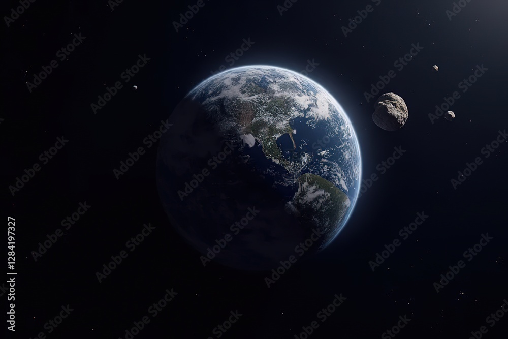 Obraz premium Planet Earth and big asteroid in the space. Potentially hazardous asteroids. Asteroid in outer space near Earth planet.