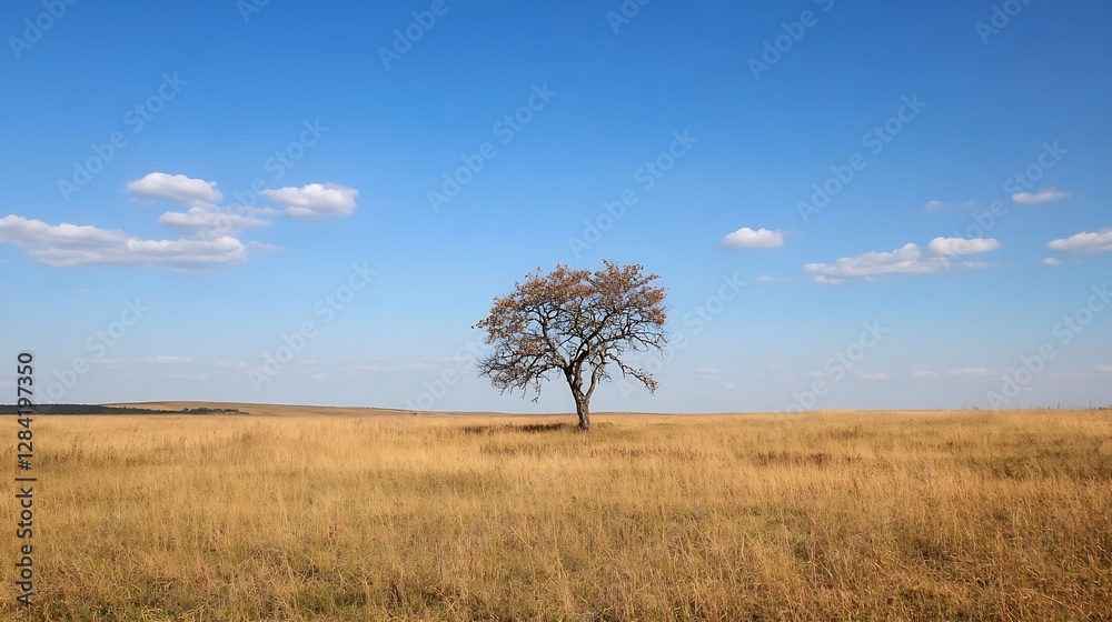 Lonely Tree in a Wide Open Field Under a Bright Blue Sky with Soft Clouds : Generative AI Lonely Tree in a Wide Open Field Under a Bright Blue Sky with Soft Clouds : Generative AI