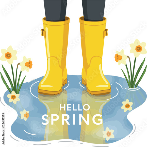Yellow rain boots splashing in a puddle surrounded by blooming flowers in a cheerful flat vector illustration