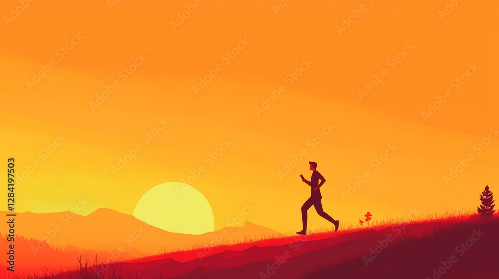 Silhouette of a Person Running on a Hill at Sunset with Warm Orange Color Pixel Art Silhouette of a Person Running on a Hill at Sunset with Warm Orange Color Pixel Art