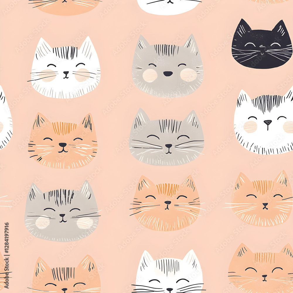 Joyful feline patterns on soft pink - playful digital art for home decor Joyful feline patterns on soft pink - playful digital art for home decor