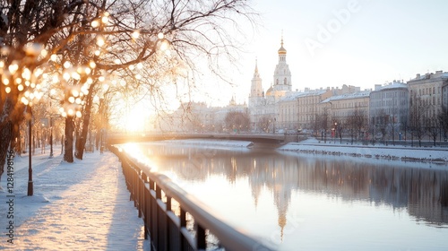 Snowy riverbank sunrise, cityscape reflection