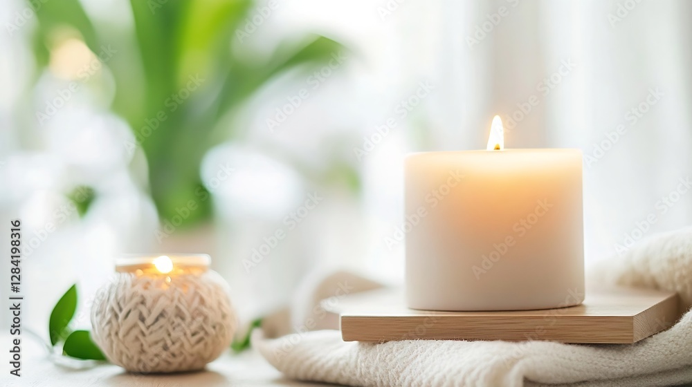 Soothing ambiance of white candles with soft glow enhancing a tranquil home setting : Generative AI Soothing ambiance of white candles with soft glow enhancing a tranquil home setting : Generative AI