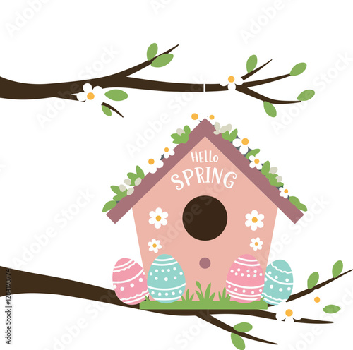 A charming birdhouse adorned with flowers and pastel eggs, featuring a spring theme in a minimal vector illustration