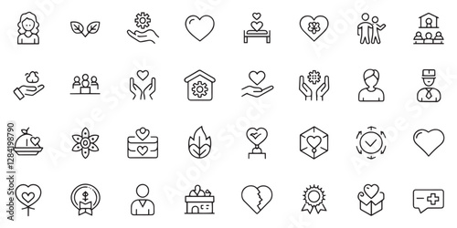 Editable Stroke Outline Icons Set: Heart, Love, Charity Symbols