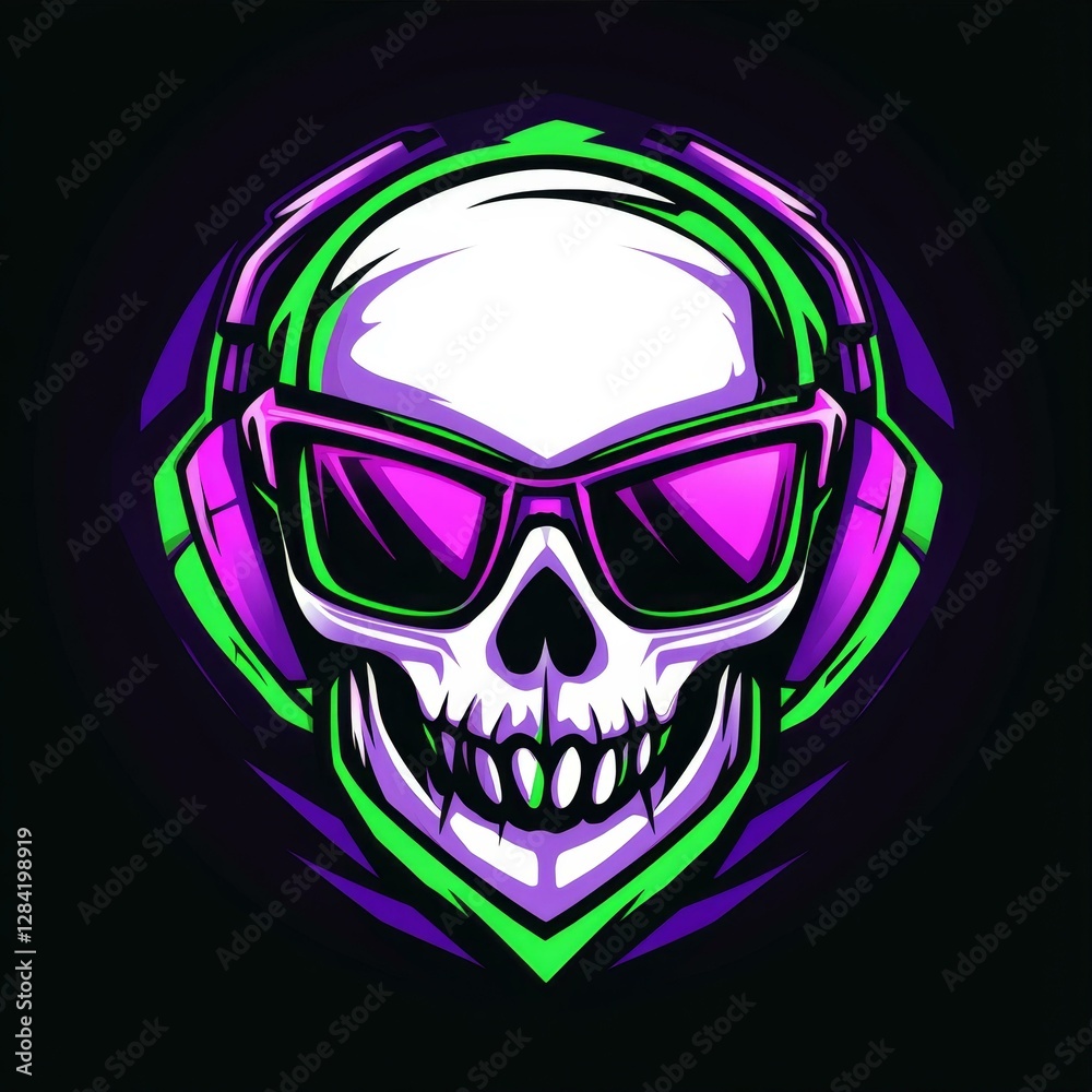 Fototapeta premium Skull with Headphones and Shades Graphic Illustration Digital Art in Vivid Colors on Black Background