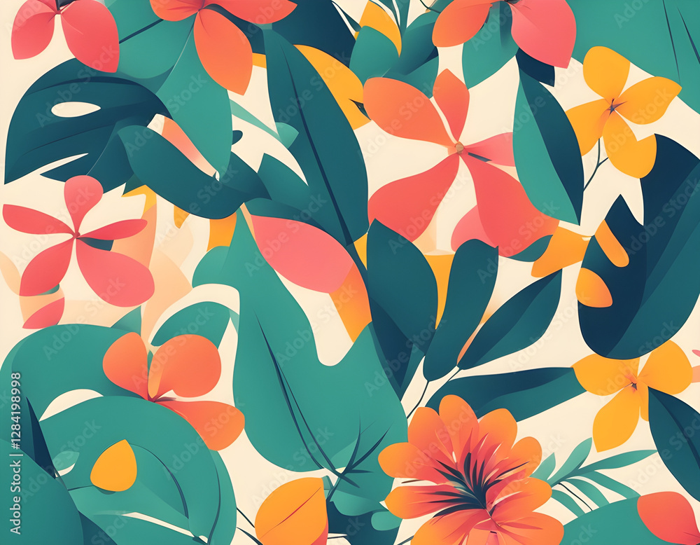 Creative concept of summer season with abstract tropical flowers. Modern art minimalist retro style   background