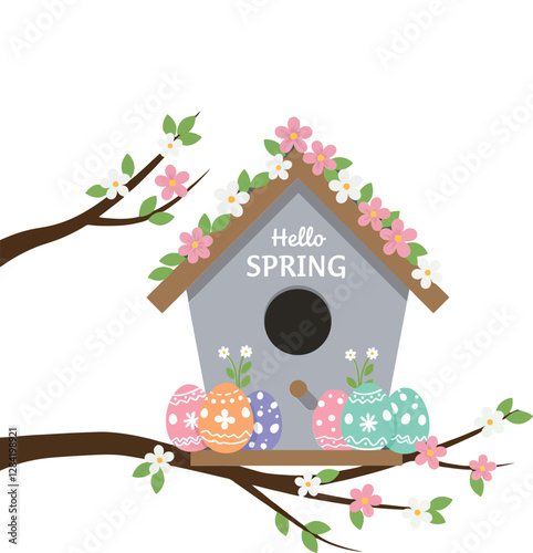 A charming birdhouse adorned with pink flowers and colorful Easter eggs in a flat, cheerful spring-themed vector illustration